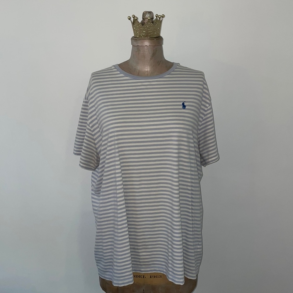 XL Polo by Ralph Lauren Tee. White with powder blue stripes&collar - 100% cotton